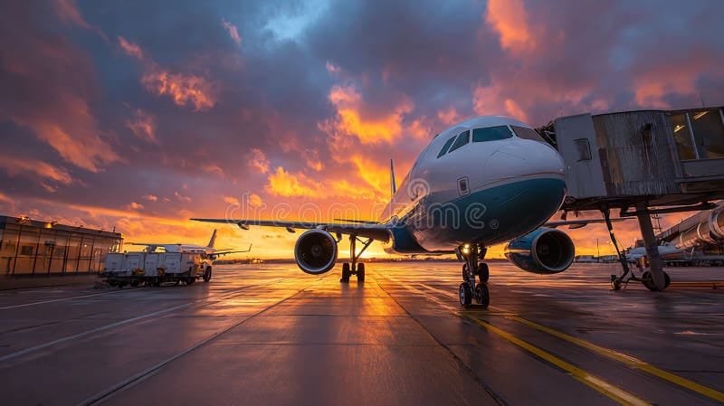 Passenger jet at an airport gate during golden hour